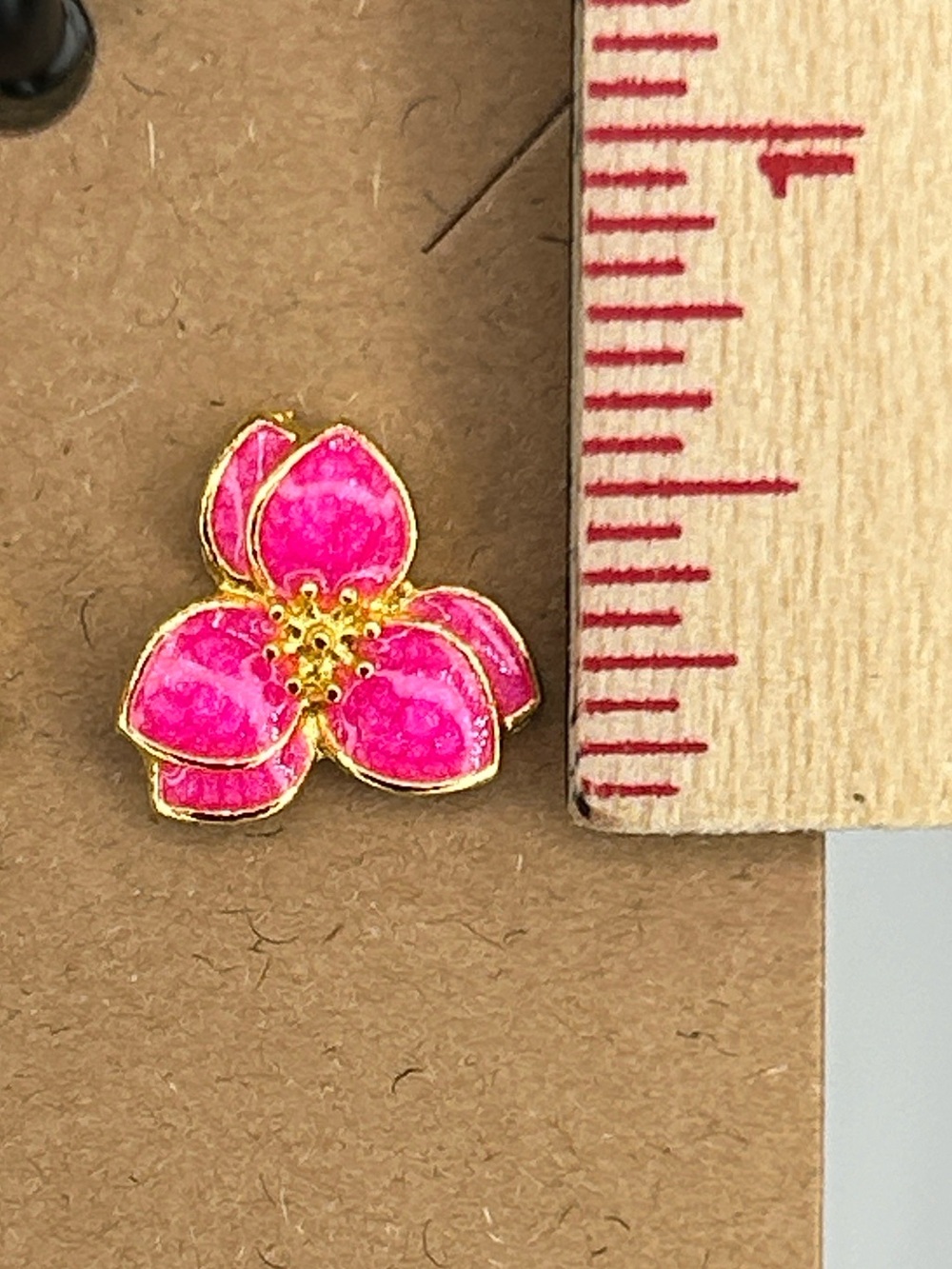 Pink Floral Petal Stud Earrings - Gold Trim Fashion Jewelry - Picture 2 of 4